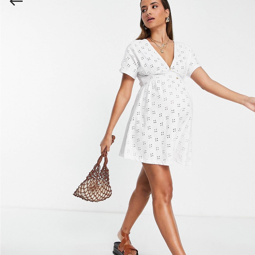 ASOS DESIGN Maternity Broderie Mini Tea Dress with Buttons in White EUC